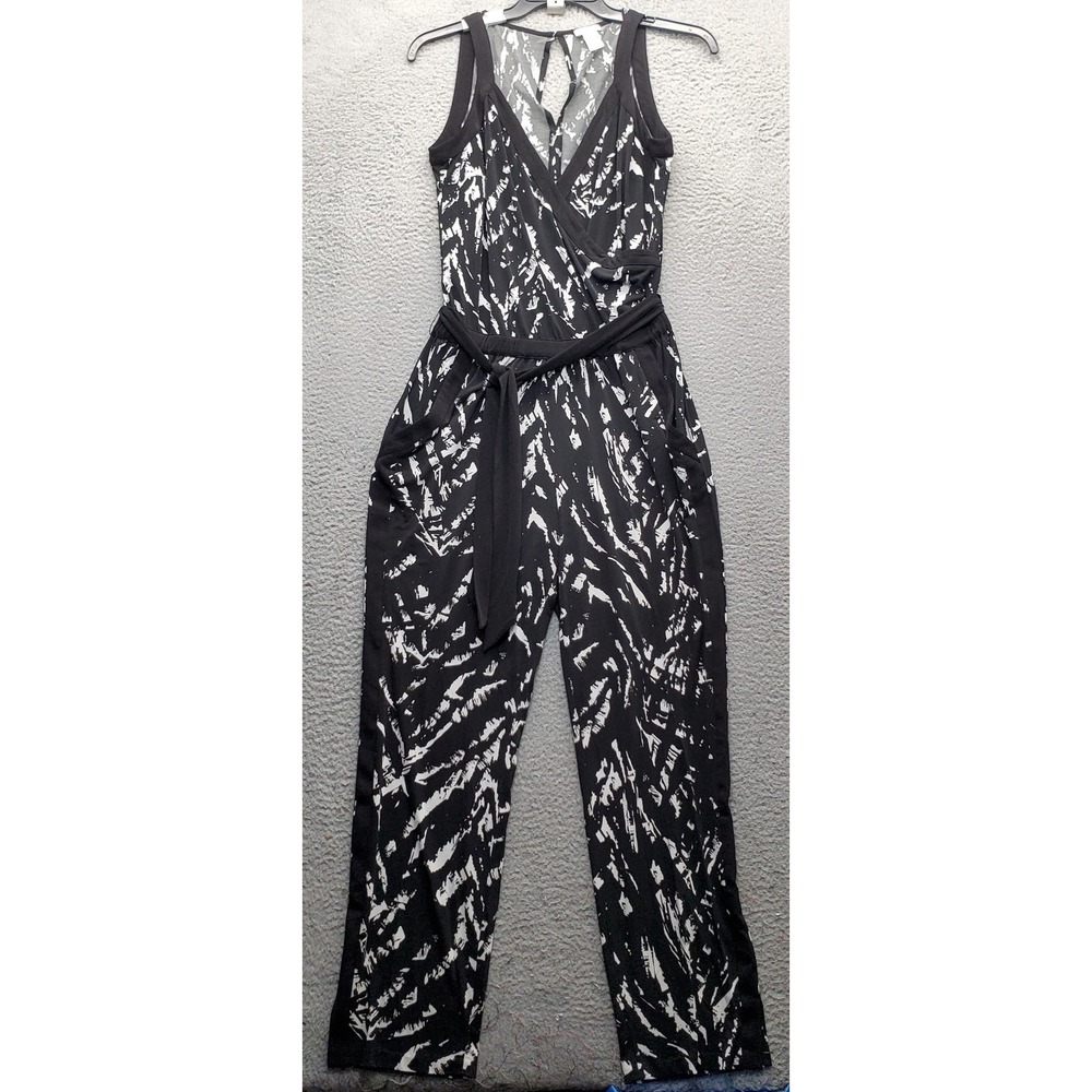 Caché Jumpsuit Womens 8 Multi Printed Stretch Wrap V-Neck Straight Leg Tie Waist